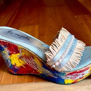 By Angels Platform Wedges in Red, Silver, Blue and a bit of Yellow, size 36